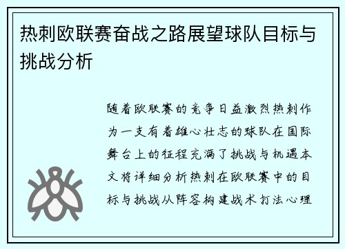 热刺欧联赛奋战之路展望球队目标与挑战分析